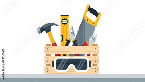 Flat design toolkit with hammer, saw, and pliers in wooden box