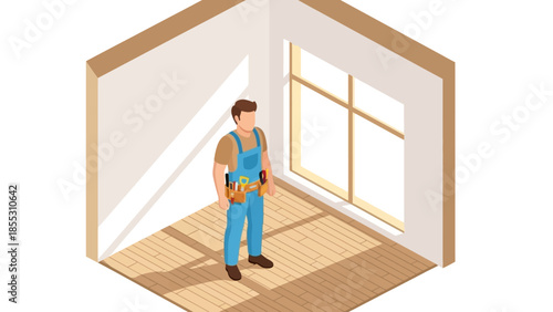 Home renovation worker in empty room with wooden flooring isometric
