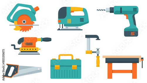 Flat style power and hand tools icons set for construction and diy