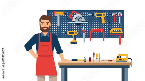 Handyman in workshop with tools on pegboard and workbench in flat