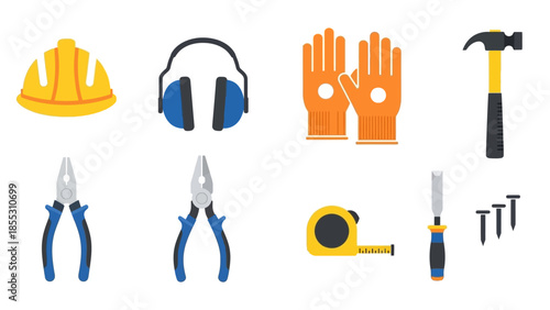 Essential construction tools icons for safety and efficiency in flat