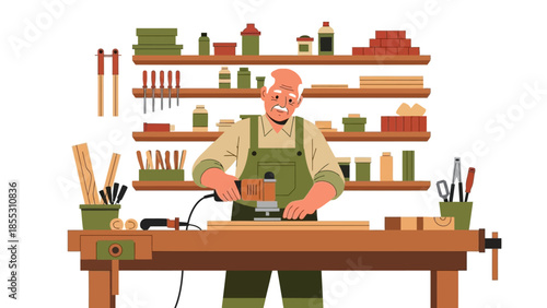 Senior craftsman working in woodshop with tools and equipment on