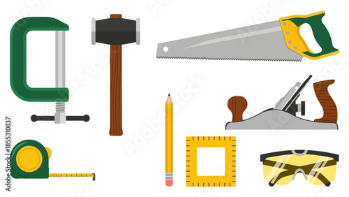Essential hand tools collection: hammer, saw, tape measure, c clamp