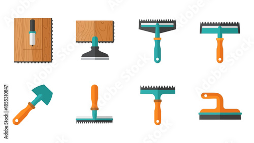 Construction tools set with orange and teal handles on white