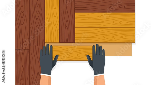Diy flooring installation with wooden plank patterns and gloved hands