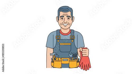 Smiling handyman in overalls holding work glove with tool belt