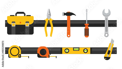 Flat design hand tools on wall rack with toolbox and tape measures