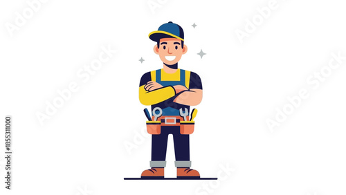 Smiling cartoon handyman in uniform with tool belt