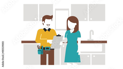 Home consultation scene with friendly professional in modern kitchen