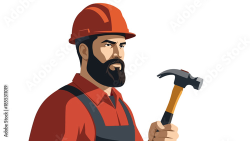 Construction worker in red uniform holding hammer with determined look