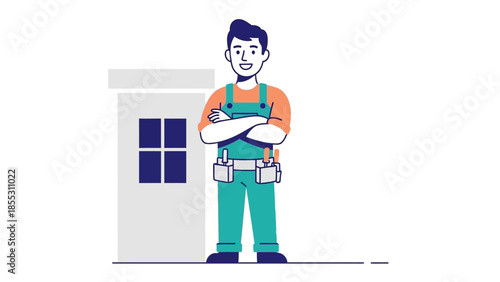 Cheerful construction worker in flat style with toolbox near building