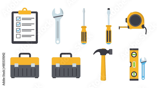 Construction tools collection: checklists, screwdrivers, hammers, and