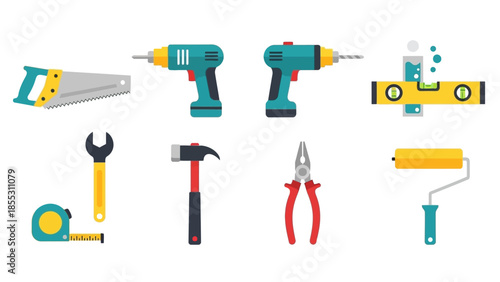 Flat design construction tools set for diy and home improvement