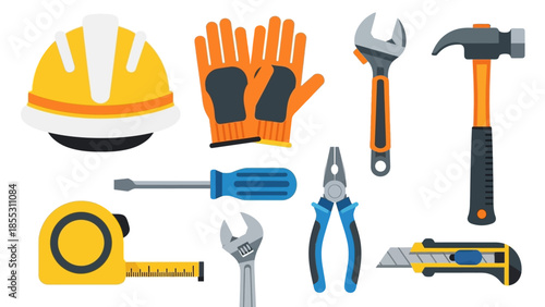 Colorful flat construction tools set with hard hat and gloves