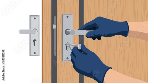 Hands in gloves opening door with key and handle close-up