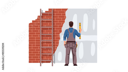 Construction worker plastering wall with trowel and levels