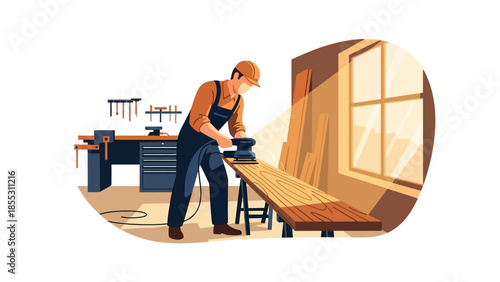 Craftsman polishing wooden plank in sunlit workshop