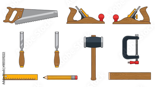 Woodworking hand tools collection: saw, plane, chisel, mallet, clamp