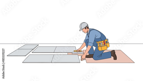 Worker installing floor tiles with precision and tools in hand