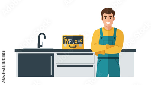 Friendly repairman in overalls with tool case in modern kitchen