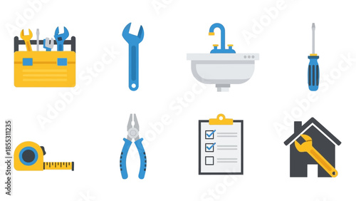 Home repair icons: toolbox, tools, and plumbing in flat style