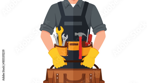 Handyman holding tool belt and toolbox in flat vector art style