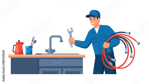 Plumber with tools and pipe repair equipment near kitchen sink
