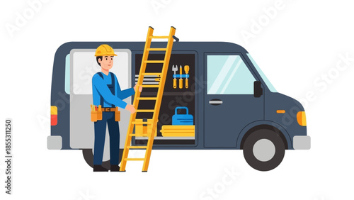 Service technician with tools and ladder beside van in flat design art