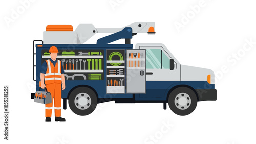 Utility worker and service truck with tools in flat style