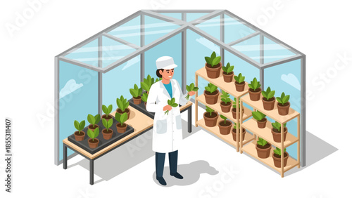 Isometric greenhouse with scientist nurturing indoor plants for