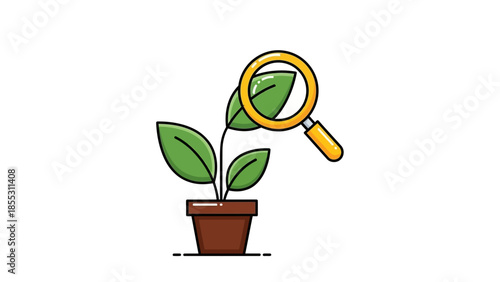 Analyzing plant growth: magnifying glass over potted plant