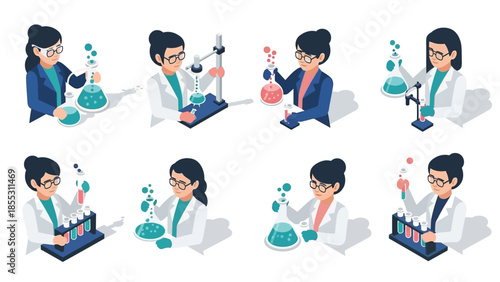 Isometric scientists conducting experiments in laboratory with