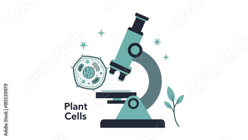 Microscopic view of plant cell and microscope in minimalistic design