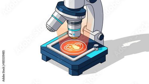 Isometric microscope analyzing microorganism on glass slide in