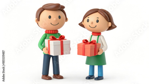 Couple holding gift boxes with red ribbon
