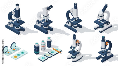 Isometric microscopes and lab equipment collection for scientific