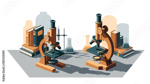 Retro scientific lab scene with microscopes and chemistry equipment
