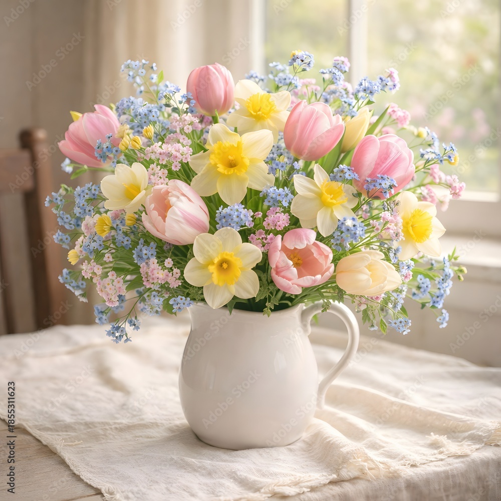Obraz premium Spring bouquet with tulips and daffodils in white pitcher