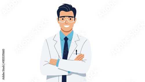 Smiling doctor in white coat with glasses and crossed arms