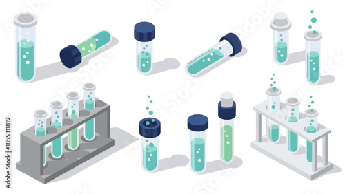 Isometric laboratory test tubes in various positions and racks