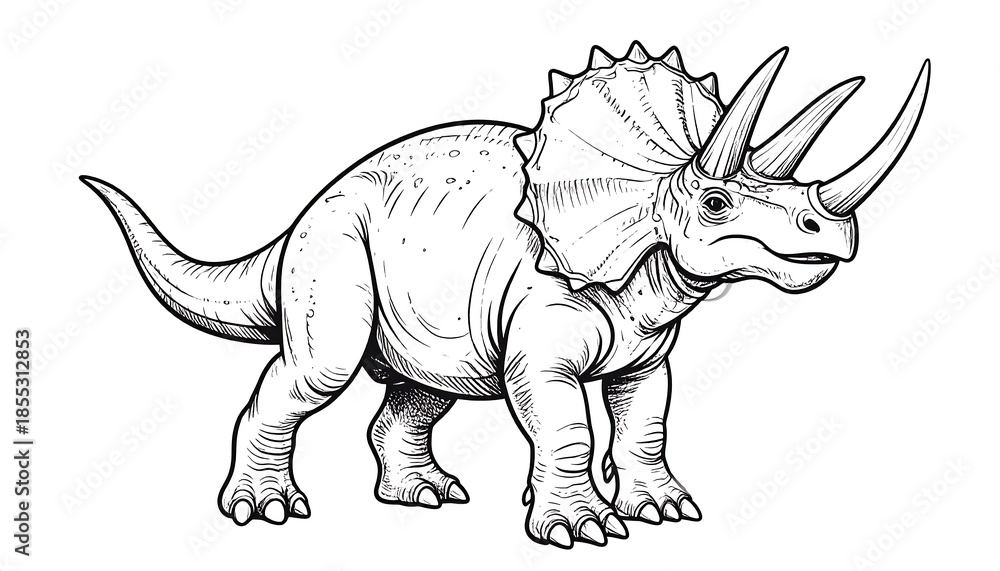 Fototapeta premium Detailed Line Art Illustration of a Triceratops Dinosaur on a White Background