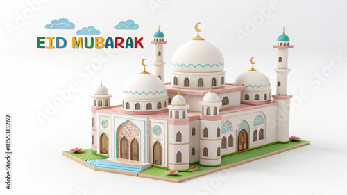 Beautiful paper cut mosque model with eid mubarak greeting