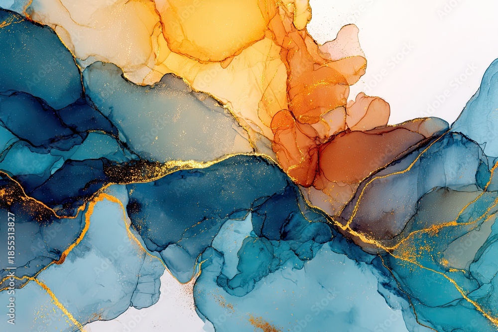 Fototapeta premium Abstract fluid art piece displaying vibrant colors with metallic accents and organic shapes