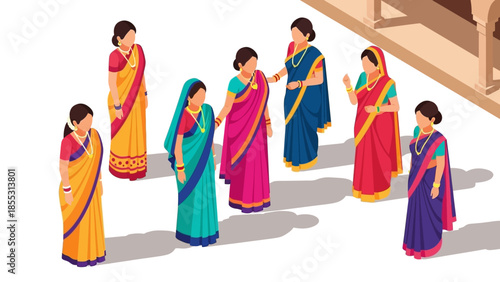 Isometric group of women in vibrant traditional indian sarees engaging in conversation