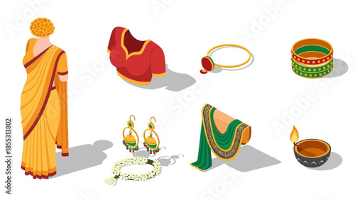 Isometric traditional indian apparel and accessories collection for cultural celebrations