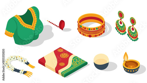 Traditional indian festive elements in isometric style