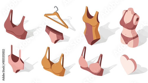 Isometric lingerie and mannequin collection with hanger and heart accents