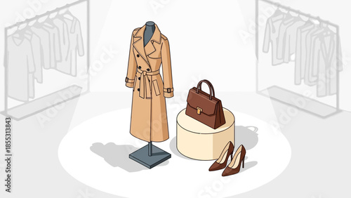 Elegant fashion display with trench coat, handbag, and heels in boutique setting