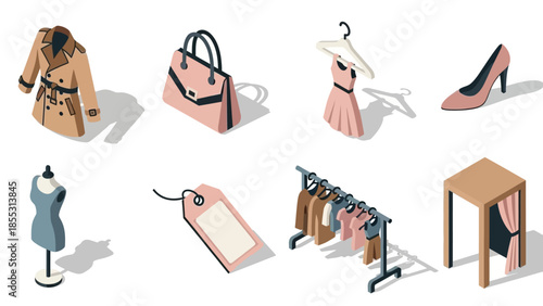 Fashion boutique elements: stylish isometric clothing and accessories collection