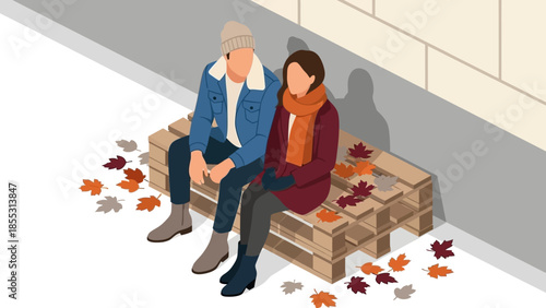 Couple enjoying autumn on wooden bench with colorful leaves and cozy attire